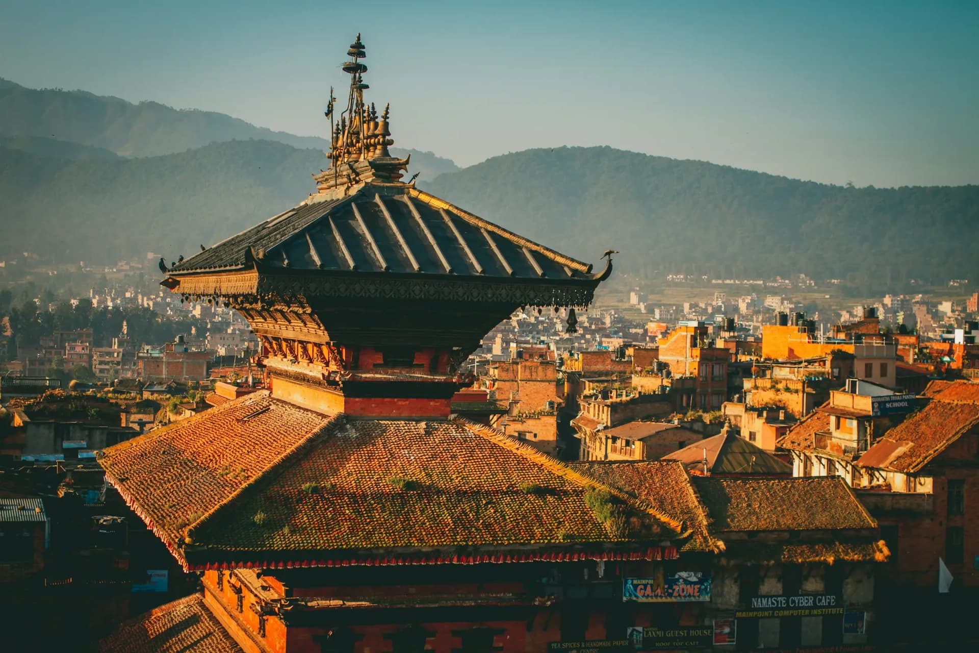 Temple rooftops of the Kathmandu Valley at sunset
