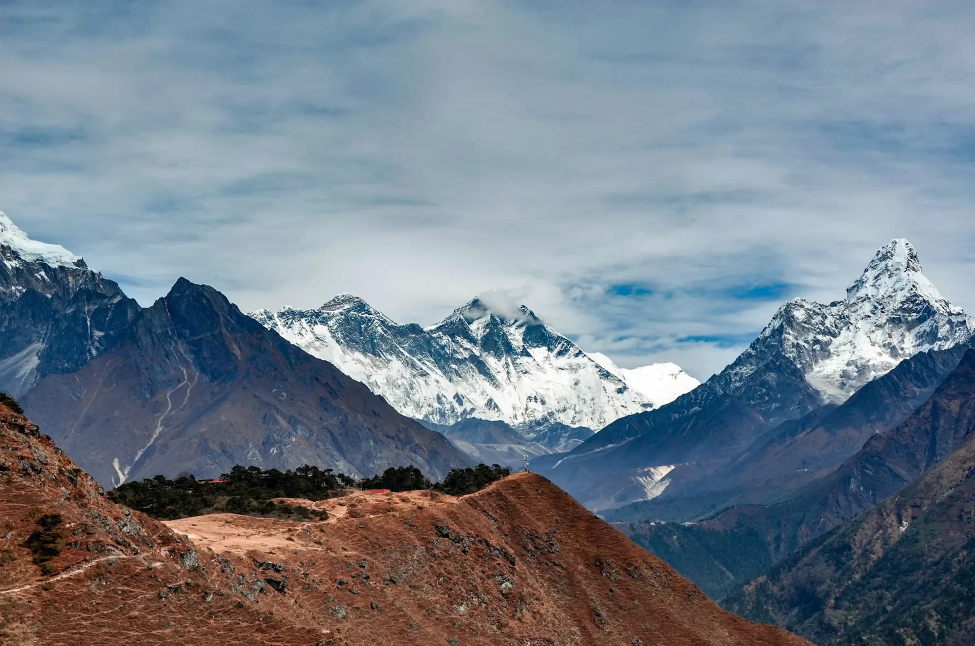 Everest, Lhotse and Ama Dablam over the Khumbu hills