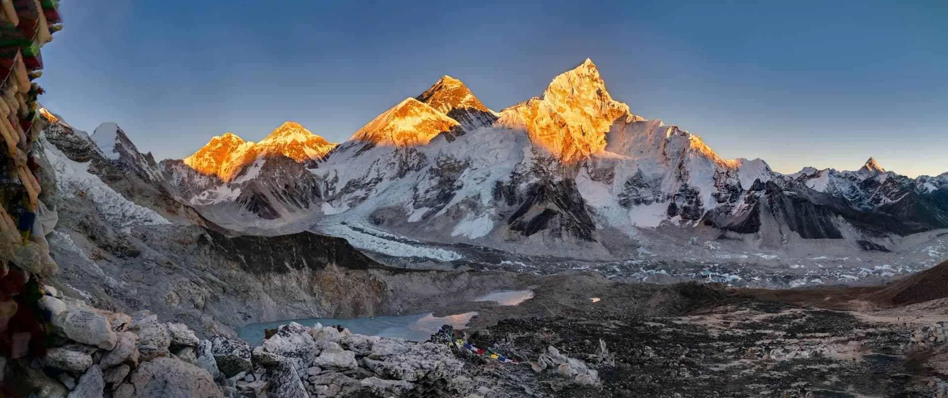 Everest and Nuptse glowing at sunset above the Khumbu Glacier