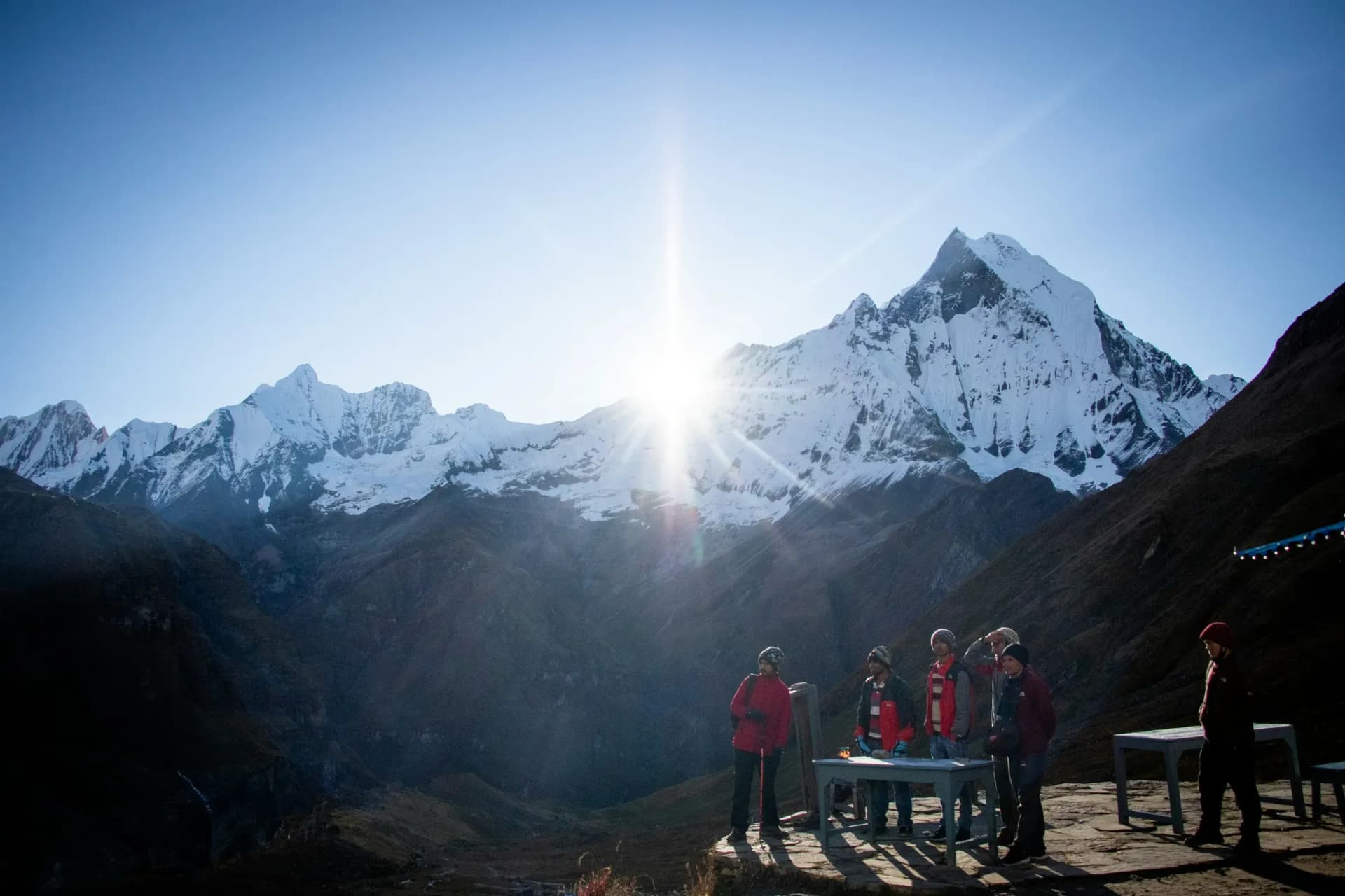 Sunburst over Machapuchare from Annapurna Base Camp