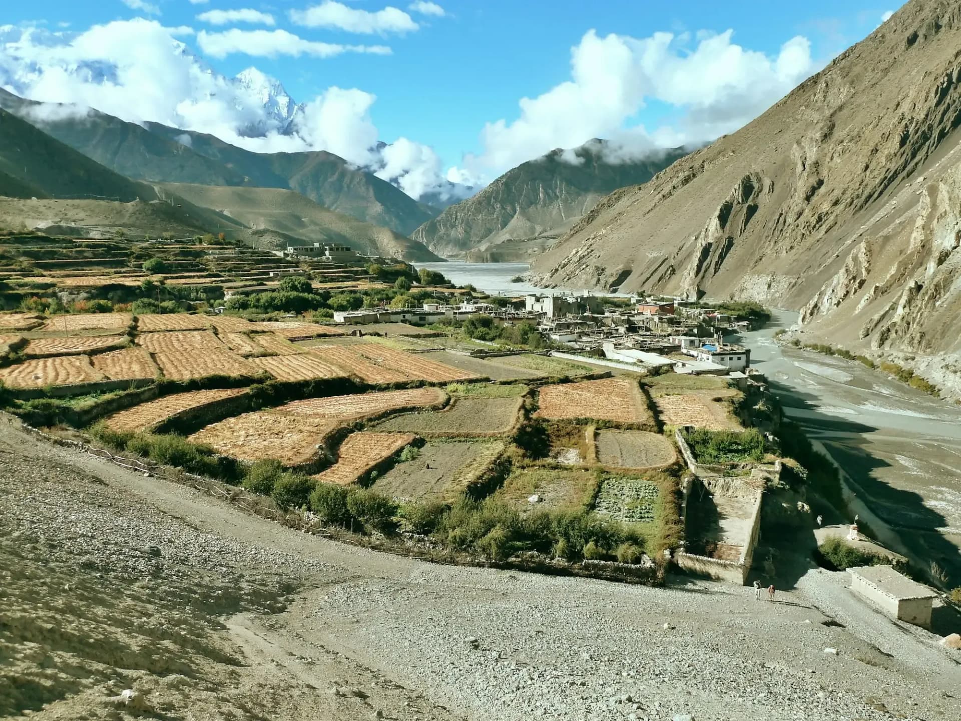 Green fields and a stone village beside a wide Himalayan riverbed