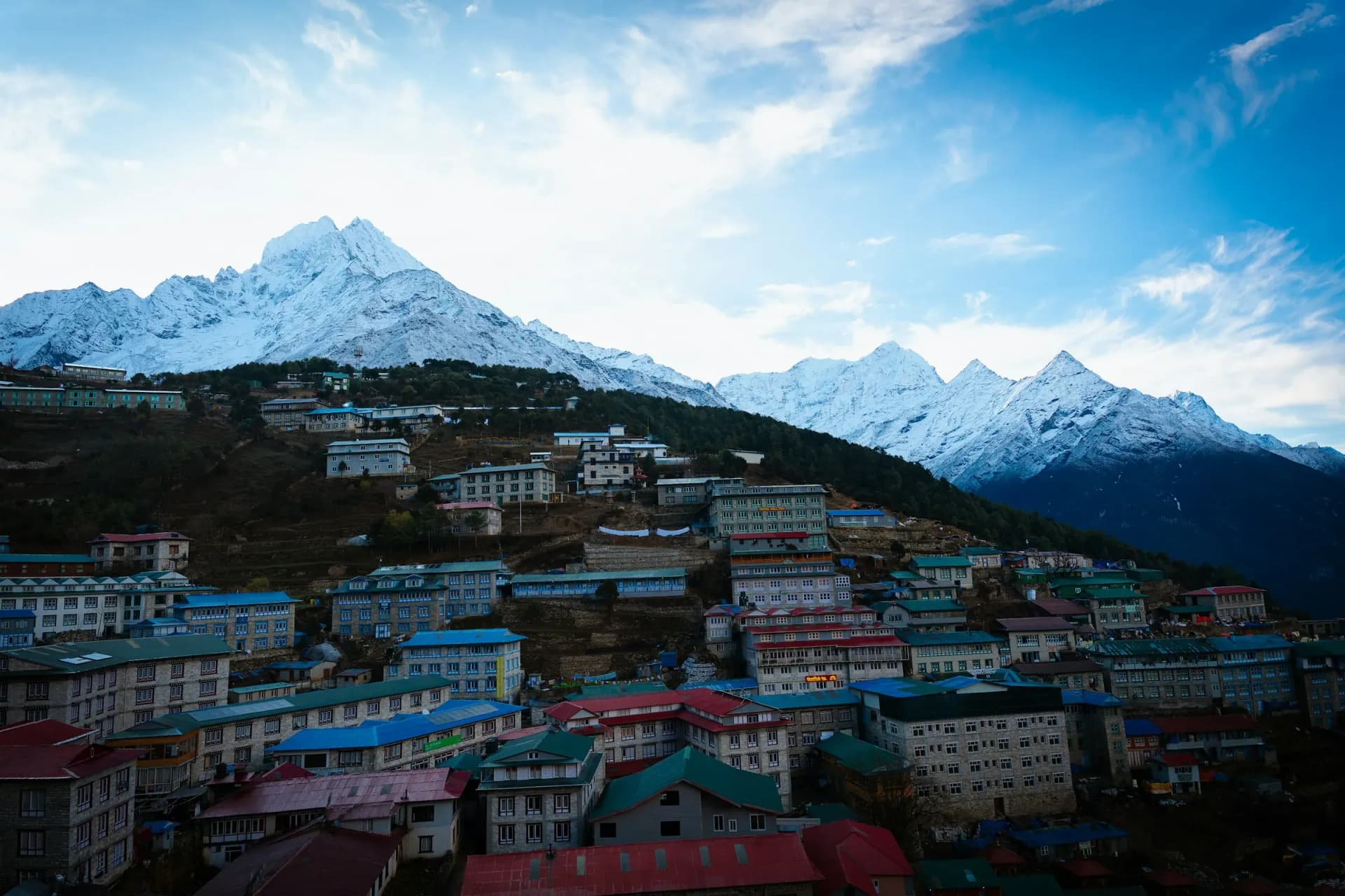 Lodges of Namche Bazaar below snow peaks in the Khumbu