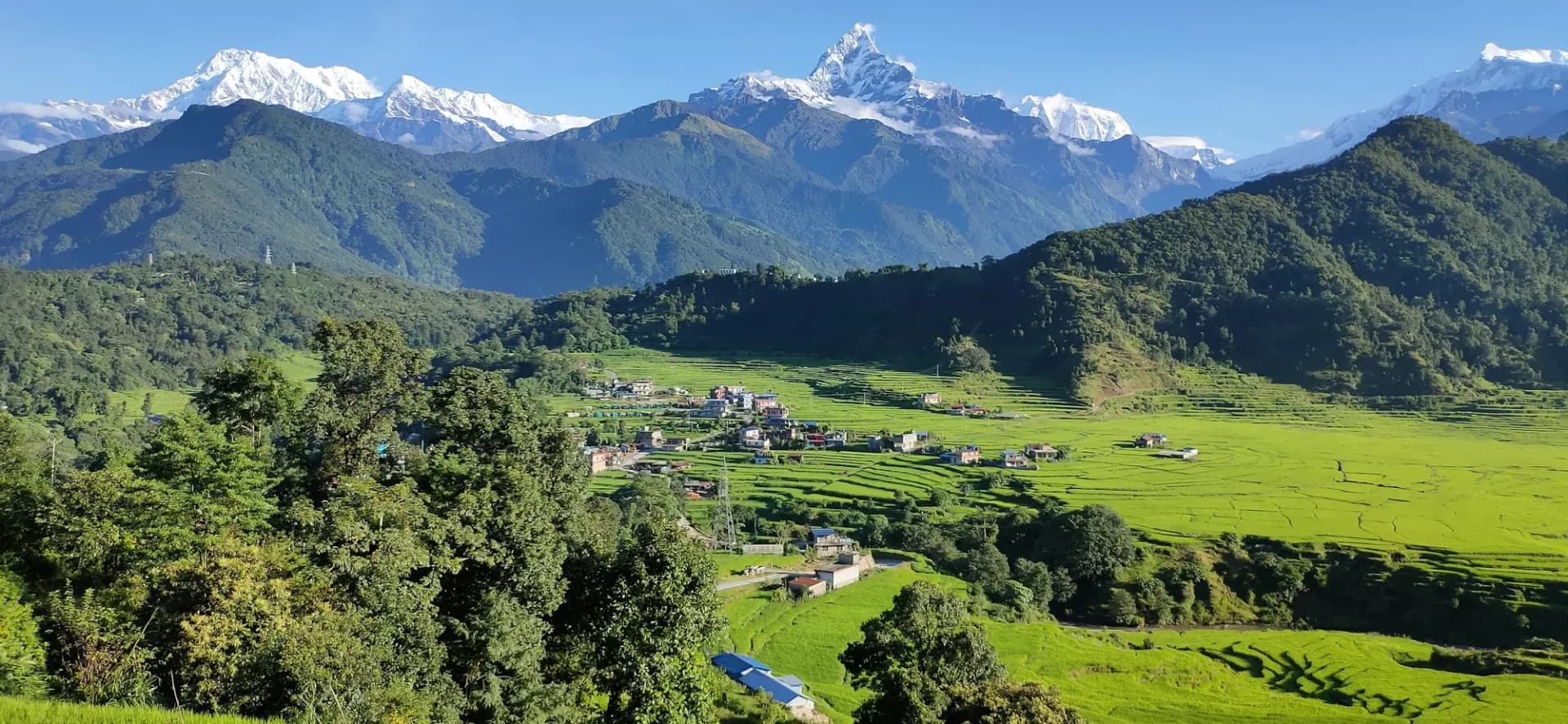 Green Pokhara valley below the Annapurna range and Machapuchare