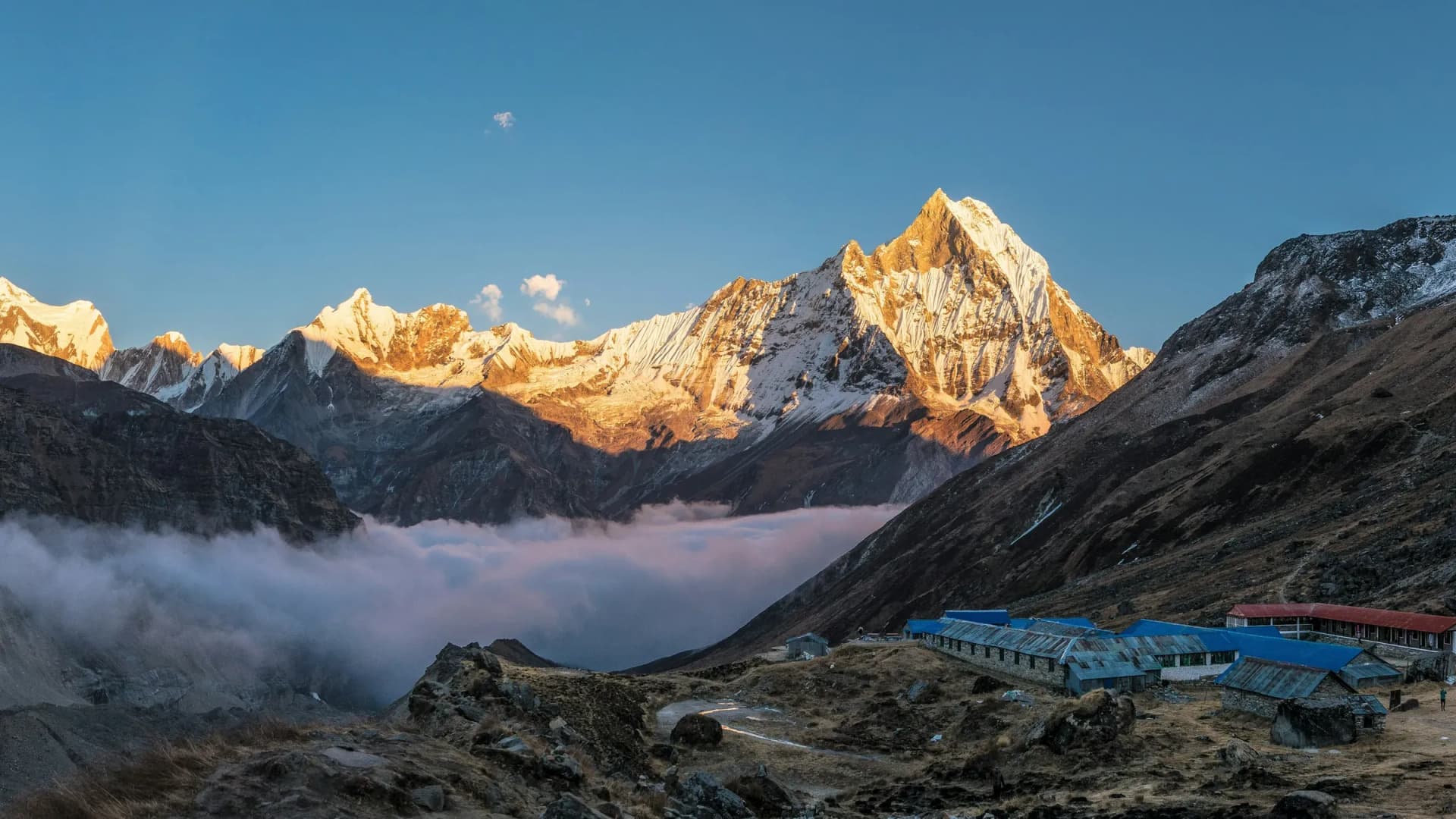 Sunrise over Annapurna Base Camp and the sanctuary peaks