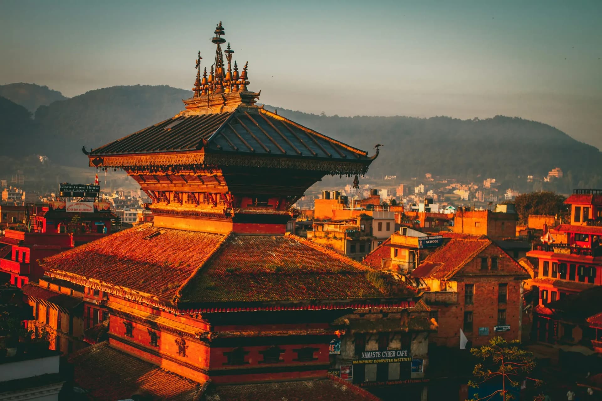 Pagoda rooftops at golden hour in the Kathmandu Valley
