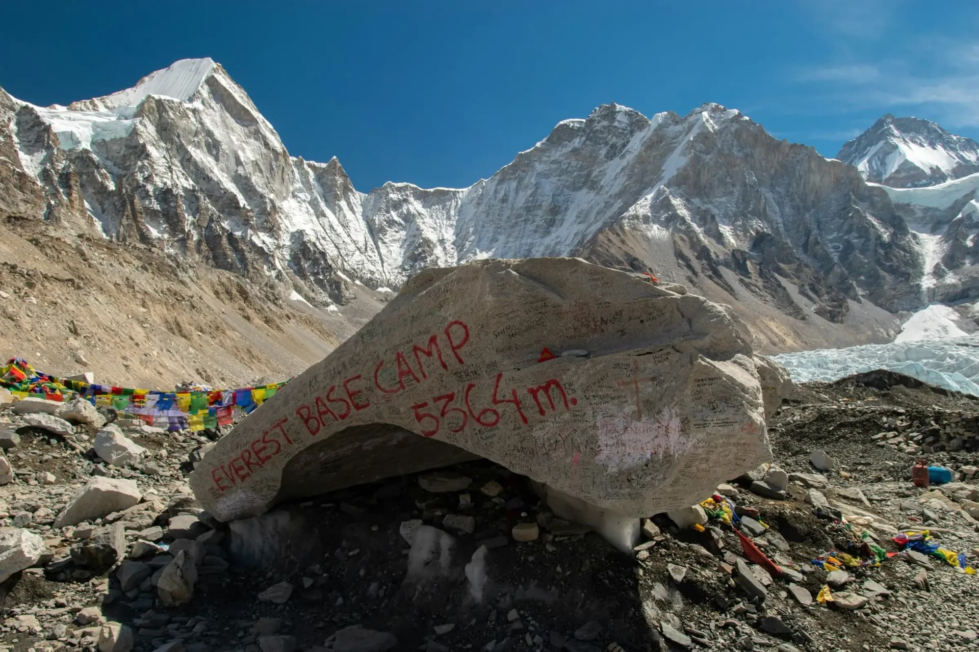 The Everest Base Camp marker stone with prayer flags and glaciers behind