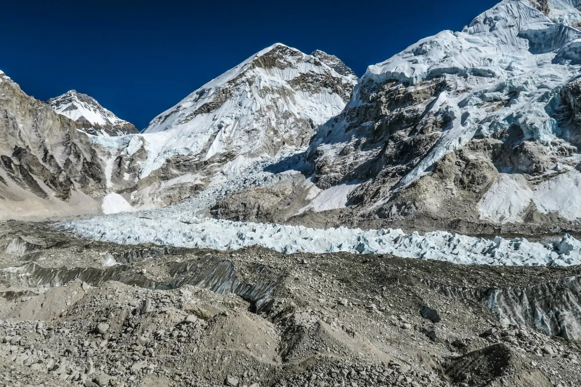 The Khumbu Glacier and its icefall below steep snow walls near Everest Base Camp