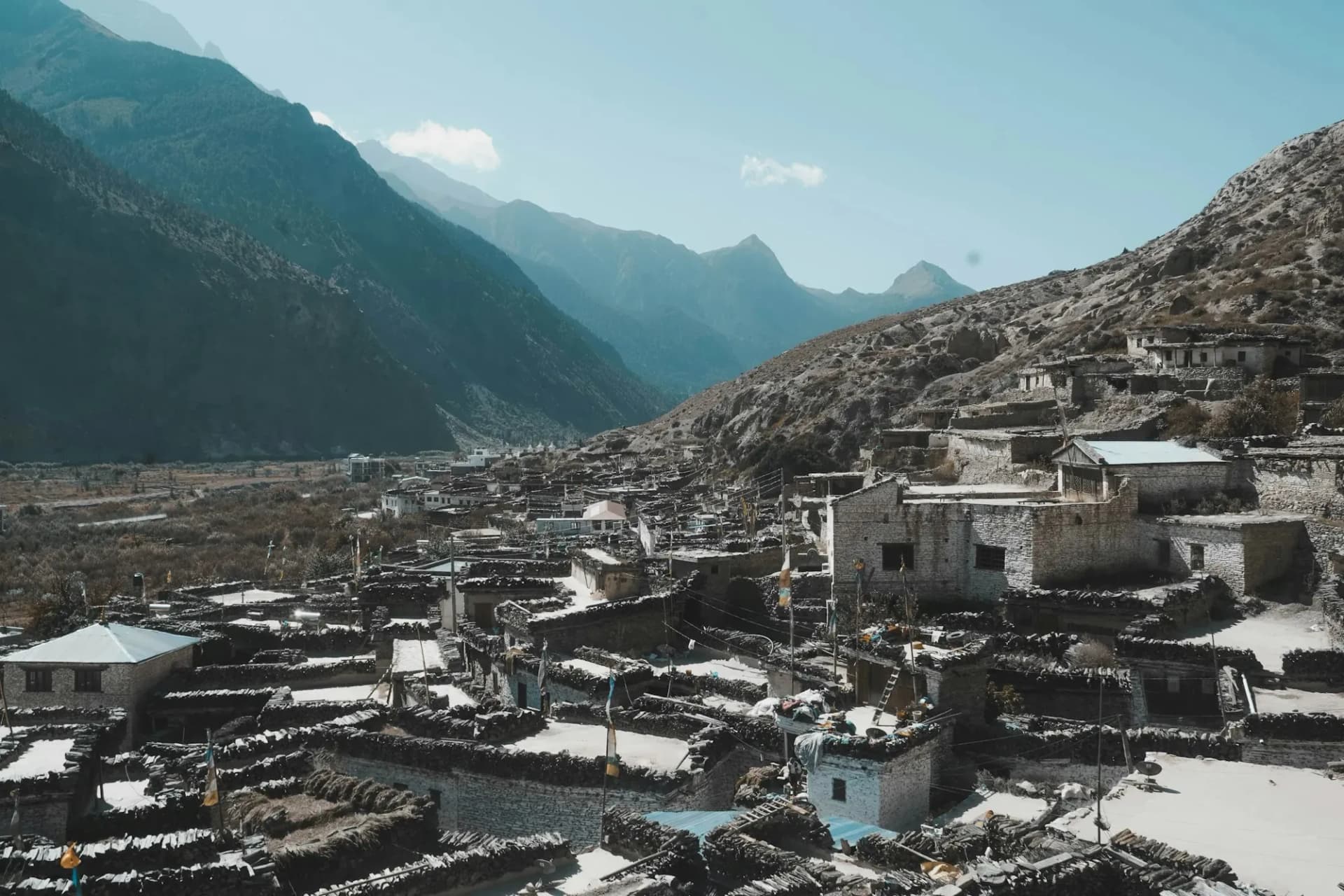Flat-roofed stone houses of a village in a high Himalayan valley